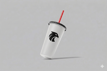 White cup with black logo and red straw on a gray background