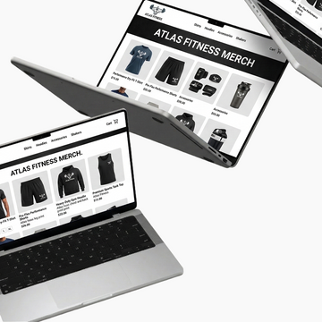 Three devices displaying the Atlas Fitness Merch website on a white background