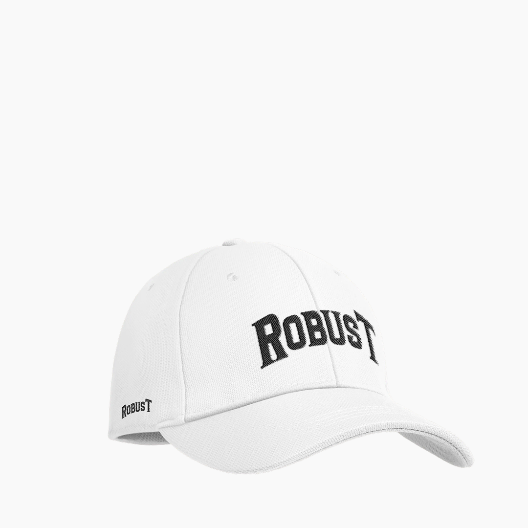 White cap with 'Robust' branding on a white background