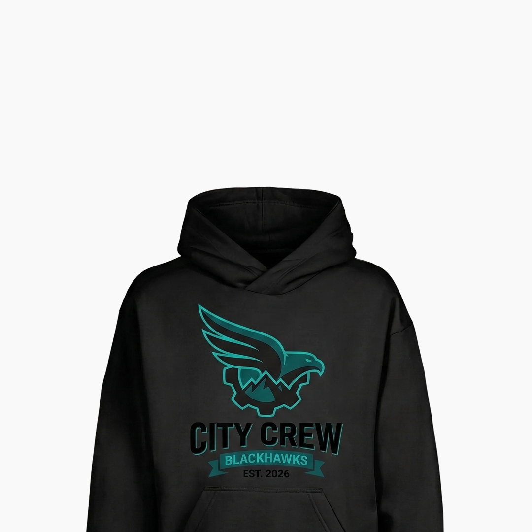 Black hoodie with teal eagle logo and text on a white background