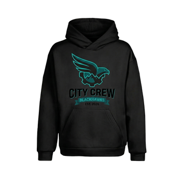 Black hoodie with teal eagle logo and text on a white background