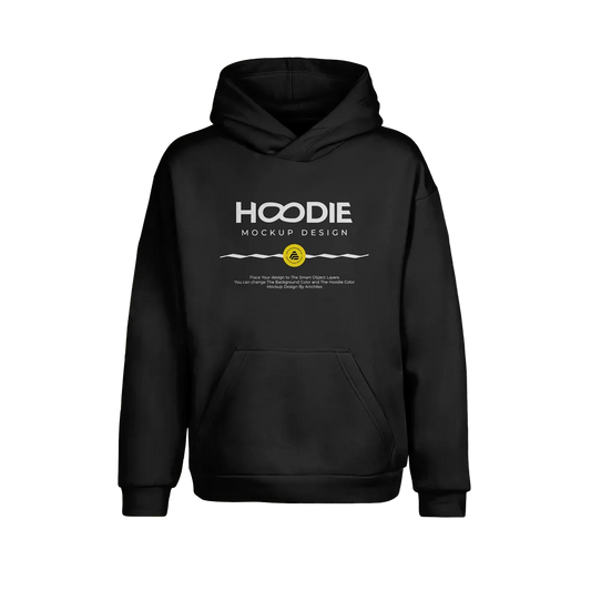 Black hoodie with 'Hoodie Mockup Design' text on a white background