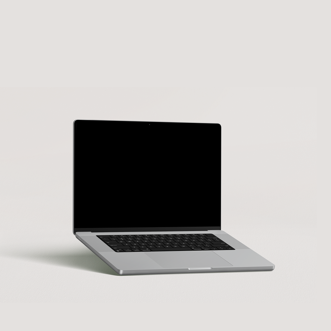 Laptop with a black screen on a light gray background