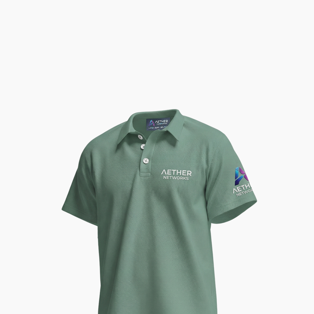 Green polo shirt with Aether Networks logo on a white background