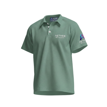 Green polo shirt with Aether Networks logo on a white background