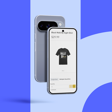 Smartphone displaying a t-shirt product on a blue and white background